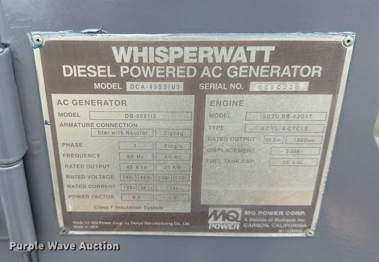 image for item EF2135 Whisperwatt DCA-45SSIU3 generator