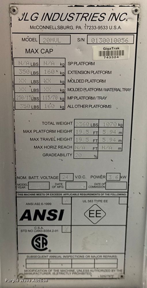 image for item ER0015 2007 JLG 20MVL vertical lift