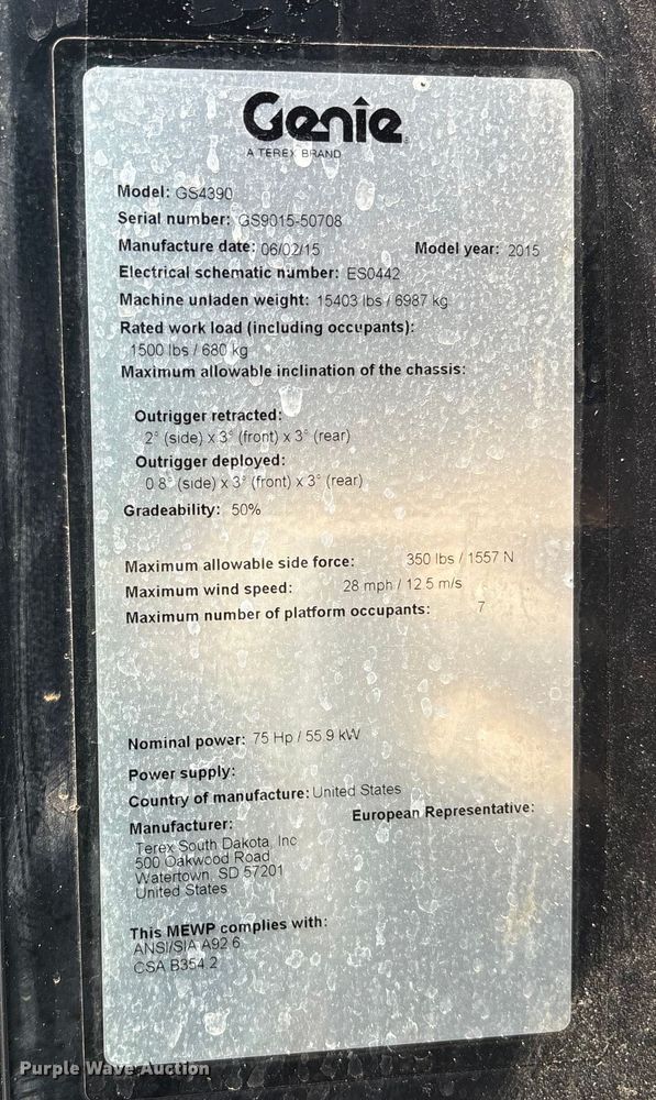 image for item ET4603 2015 Genie GS4390 scissor lift