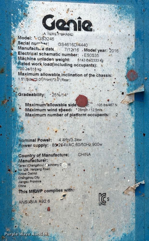 image for item EU0075 2016 Genie GS-3246 scissor lift