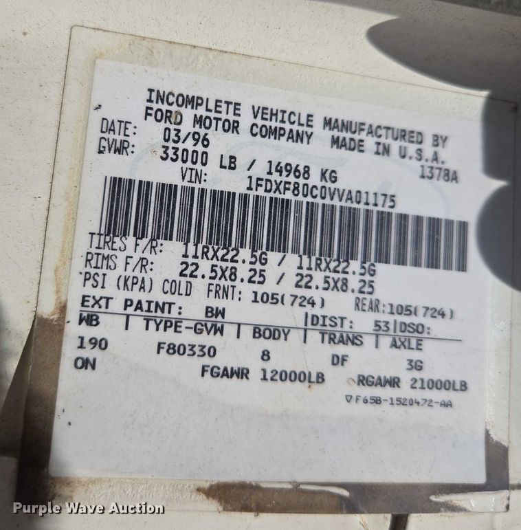 image for item EV1590 1997 Ford F800 digger derrick truck