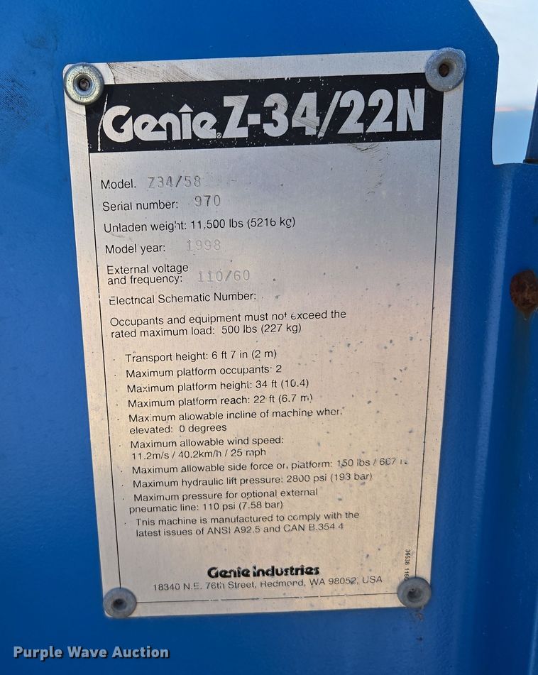 image for item EV1597 1998 Genie Z-34/22N boom lift