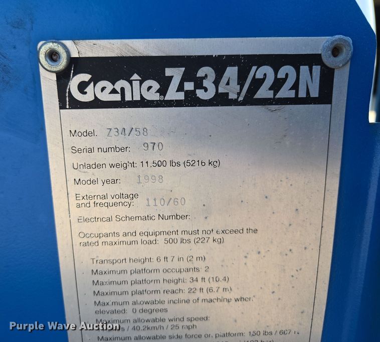image for item EV1597 1998 Genie Z-34/22N boom lift