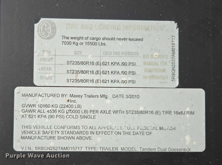 image for item EV1606 2010 Maxey Trailers Mfg.. equipment trailer