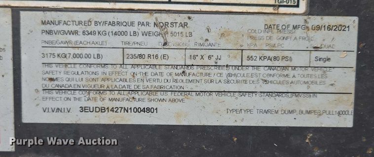 image for item EV1607 2022 Norstar Ironbull dump trailer