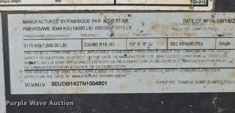 image for item EV1607 2022 Norstar Ironbull dump trailer