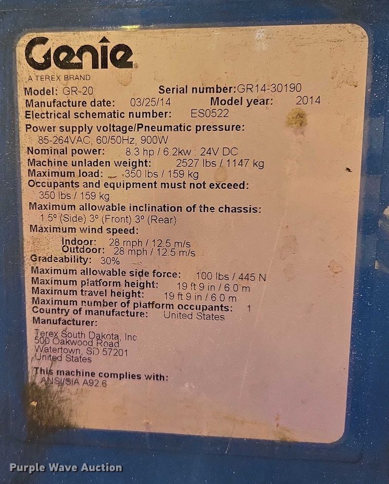 image for item EV1609 2014 Genie GR-20 vertical lift