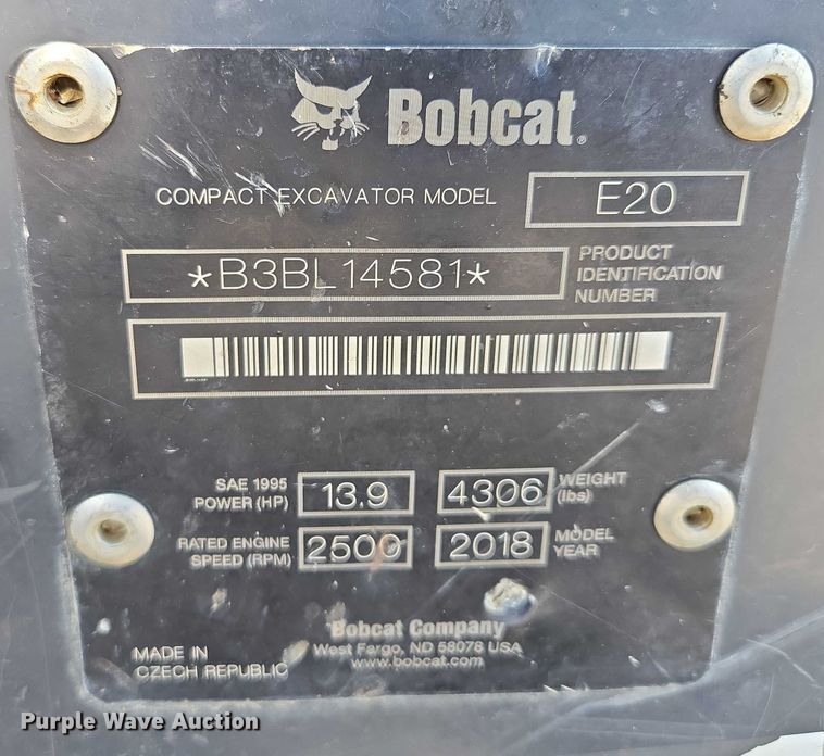 image for item EV1611 2018 Bobcat E20 mini excavator