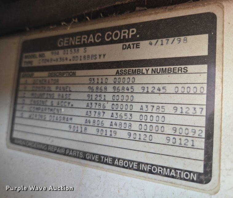 image for item EV1666 1998 Generac 98A01538S generator