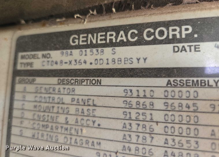 image for item EV1666 1998 Generac 98A01538S generator