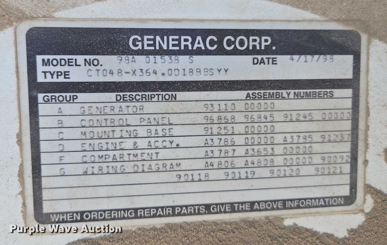 image for item EV1666 1998 Generac 98A01538S generator
