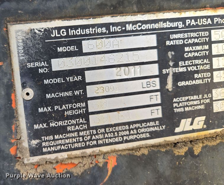 image for item EV1714 2011 JLG 600A boom lift