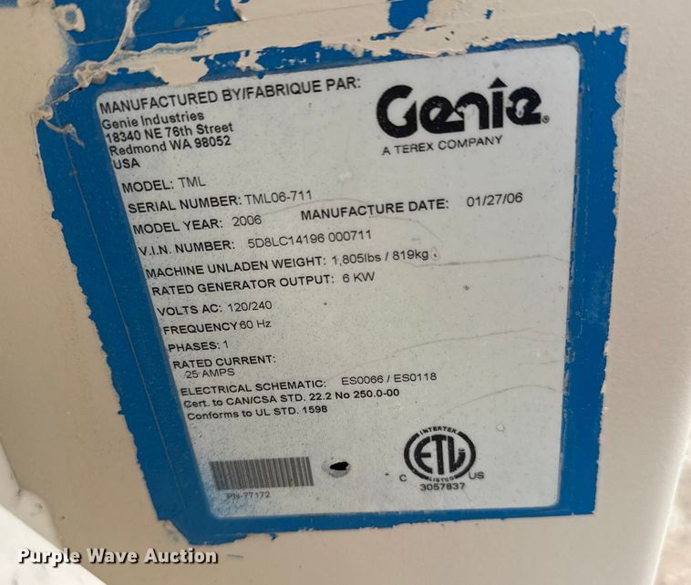 image for item NU9572 2006 Genie TML light plant