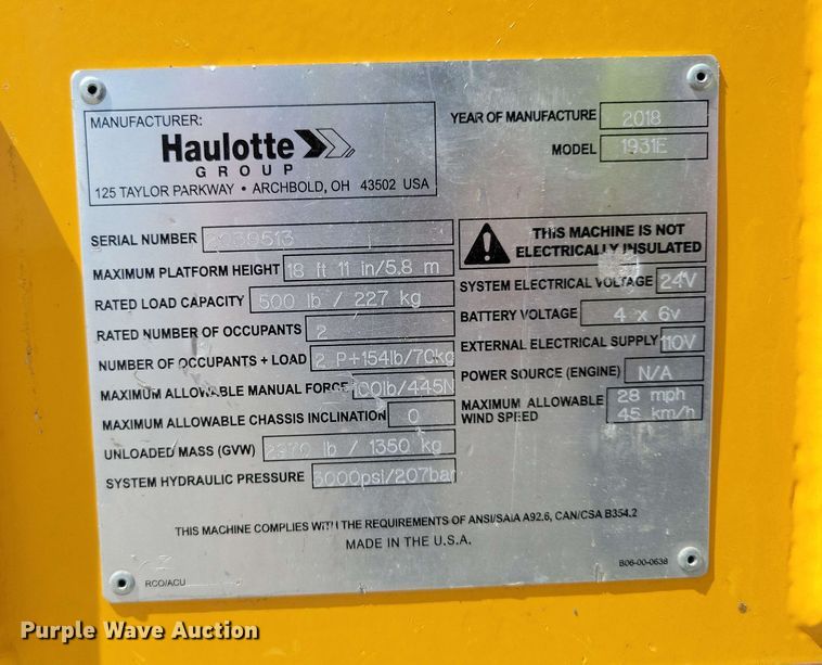 image for item YA0184 2018 Haulotte Optimum 1931E scissor lift