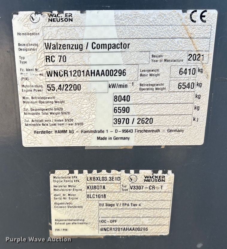 image for item YA0749 2021 Wacker Neuson RC70 single drum vibratory roller