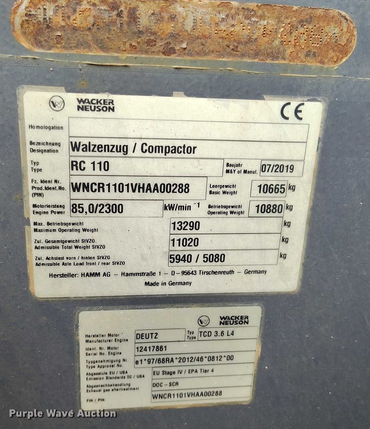 image for item YA0853 2019 Wacker Neuson RC110 single drum vibratory roller