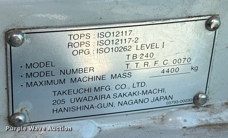 image for item YA0952 2019 Takeuchi TB240  mini excavator