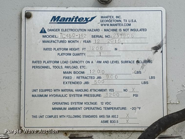 image for item YA0957 2015 Manitex TC450-142 truck mounted crane