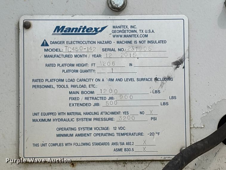 image for item YA0957 2015 Manitex TC450-142 truck mounted crane