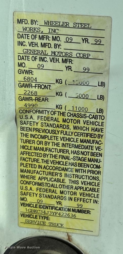 image for item DU1276 2000 Chevrolet C3500 utility bed pickup truck