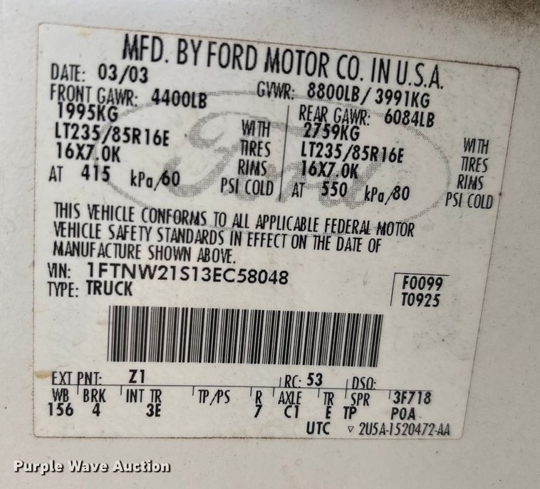 image for item DU1299 2003 Ford F250 Super Duty Crew Cab pickup truck