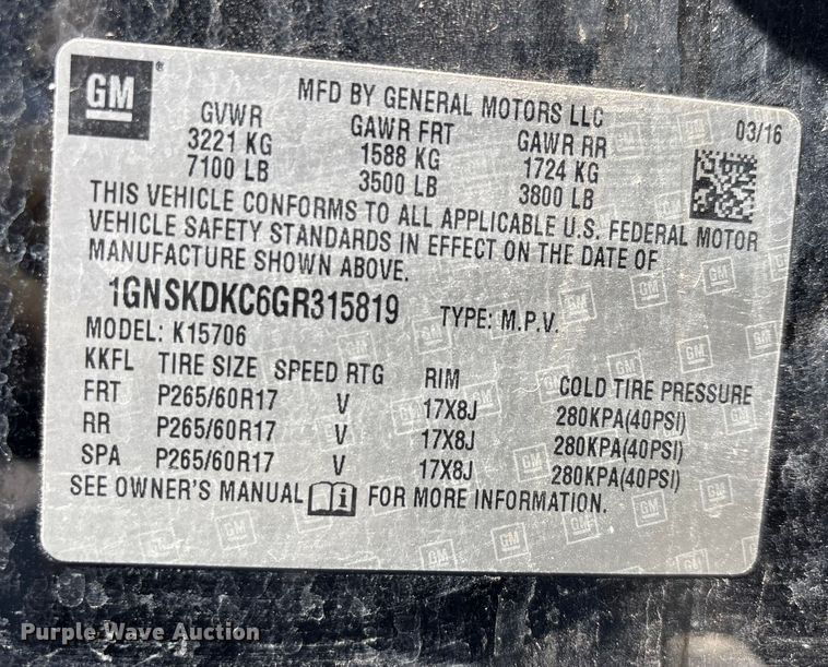 image for item DU1313 2016 Chevrolet Tahoe Poice SUV