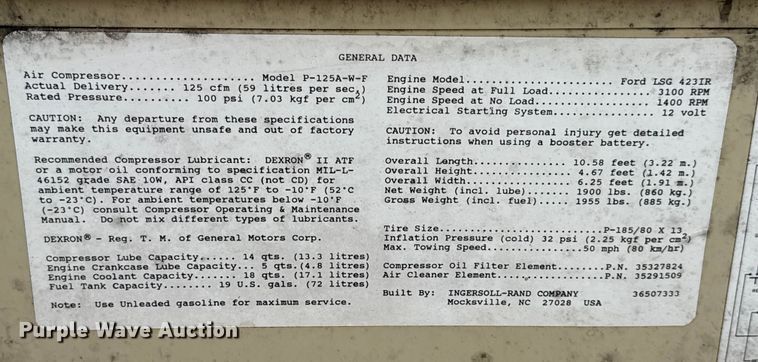 image for item DW6545 Ingersoll Rand P-125A-W-F air compressor