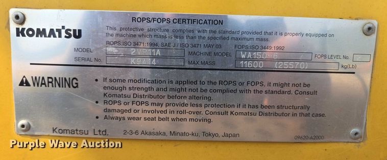 image for item DX7266 2009 Komatsu WA150-6 wheel loader
