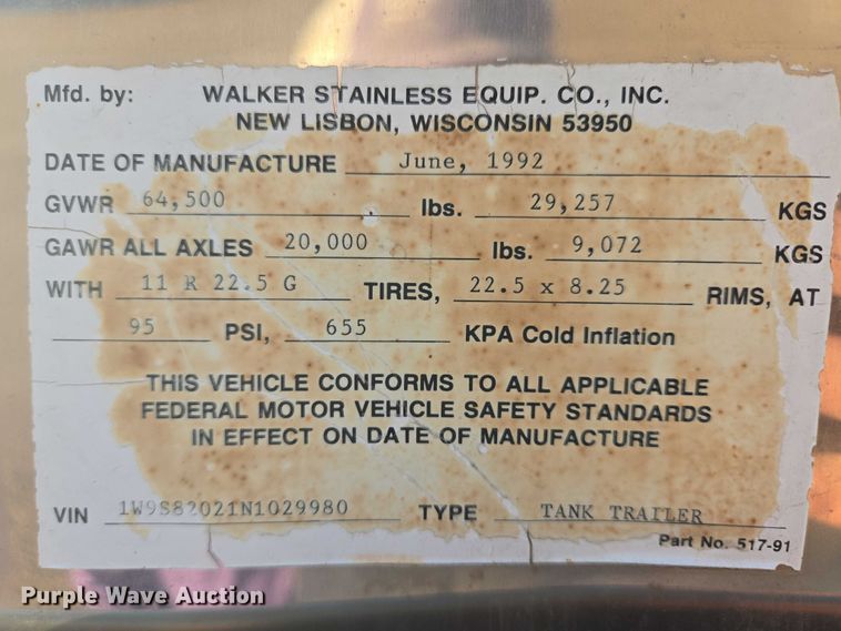 image for item EB1017 1992 Walker tank trailer