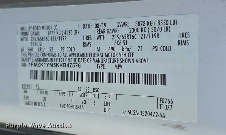 image for item EF3770 2019 Ford Transit 150 van