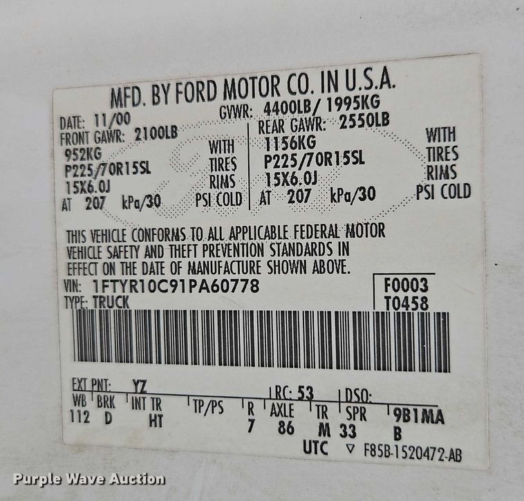 image for item EO4642 2001 Ford Ranger pickup truck