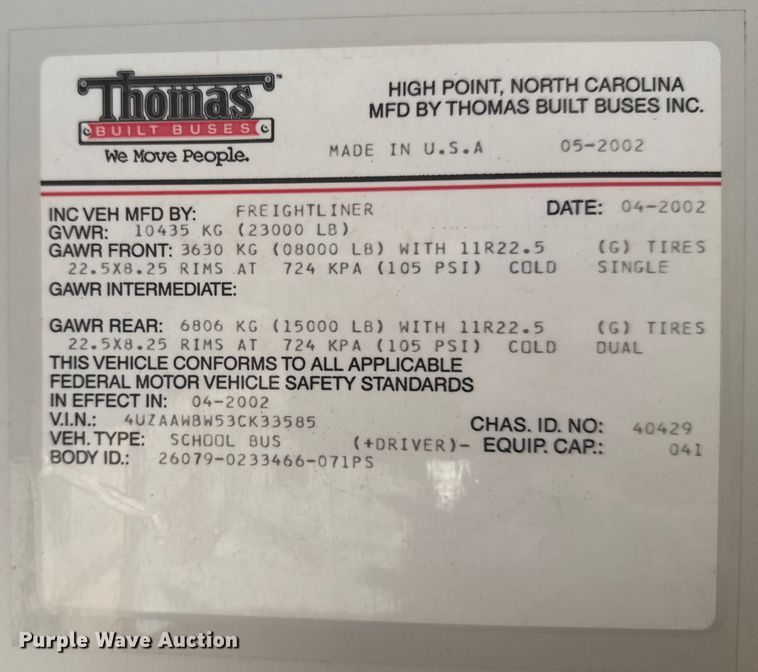 image for item ER2280 2003 Thomas Built school bus
