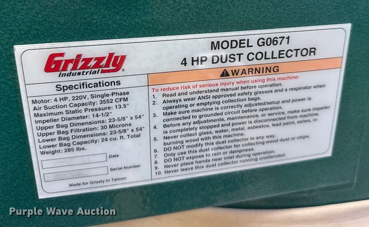 image for item ER2327 2005 Grizzly G9958 dust collection