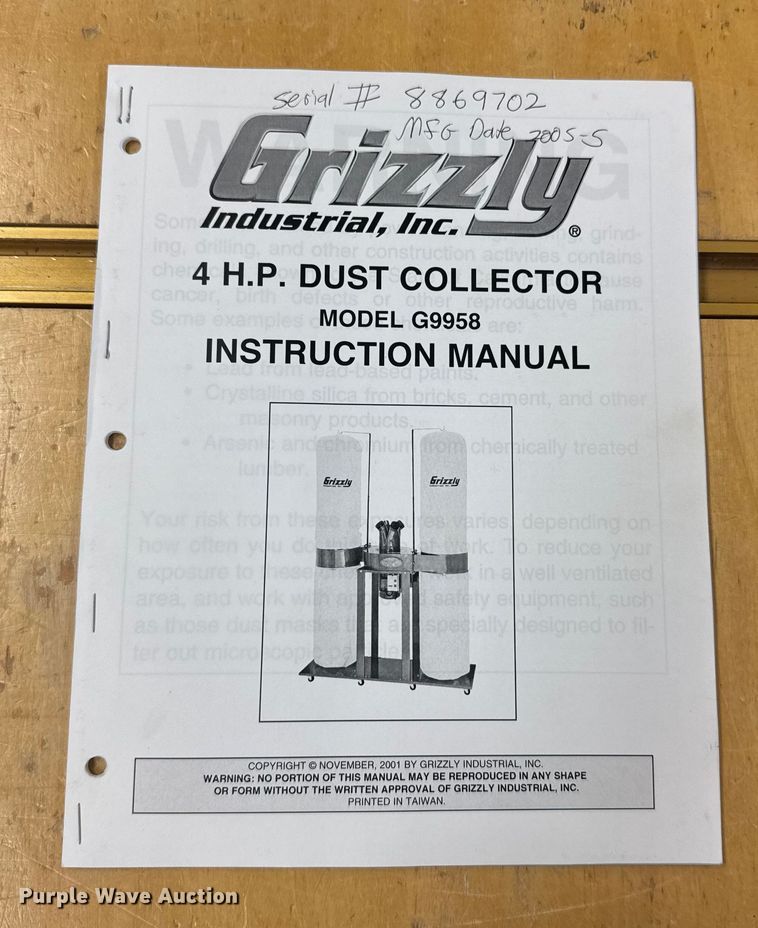 image for item ER2327 2005 Grizzly G9958 dust collection