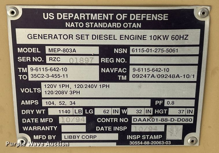 image for item ET3088 Libby Corp MEP-803A generator