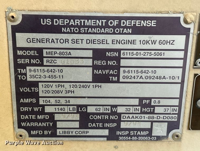 image for item ET3091 Libby Corp MEP803A generator