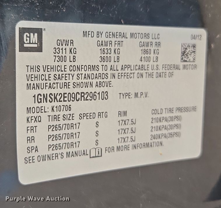 image for item EU4575 2012 Chevrolet Tahoe SUV