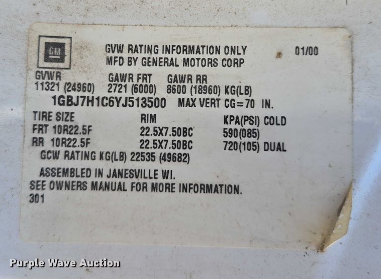 image for item EV1692 2000 Chevrolet C6500 dump truck