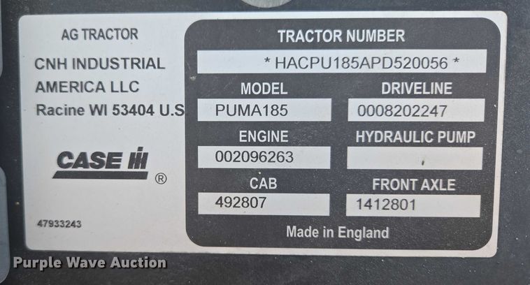 image for item EB1012 2023 Case IH Puma 185 MFWD tractor