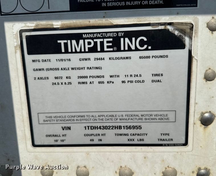 image for item ED1487 2017 Timpte Super Hopper grain trailer