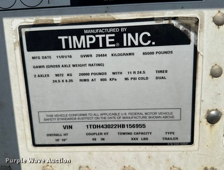 image for item ED1487 2017 Timpte Super Hopper grain trailer