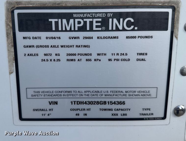 image for item ER2317 2016 Timpte grain trailer