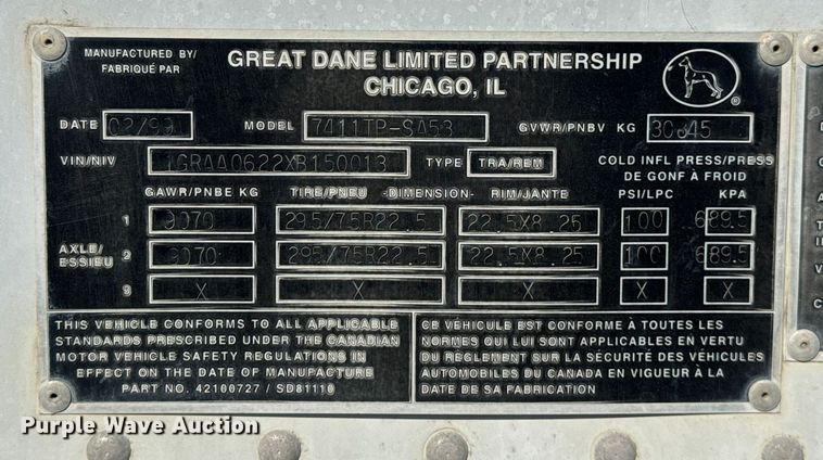 image for item EB8298 1999 Great Dane dry van trailer