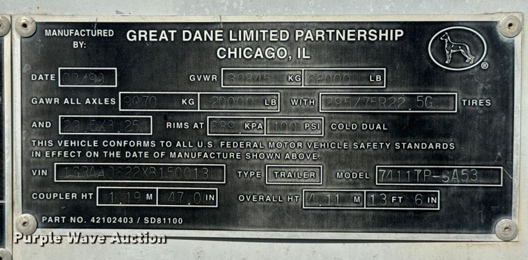 image for item EB8298 1999 Great Dane dry van trailer