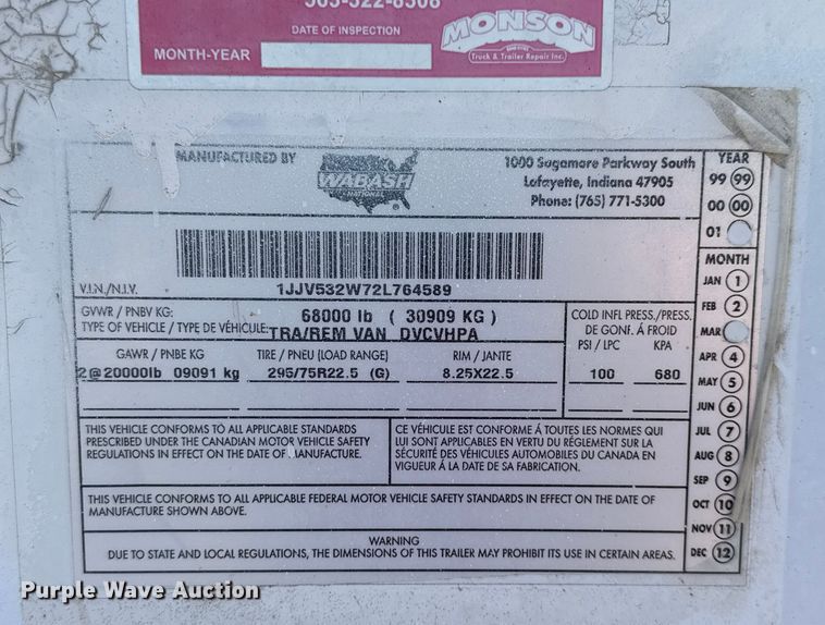 image for item EB8301 2002 Wabash  DVCVHPA dry van trailer