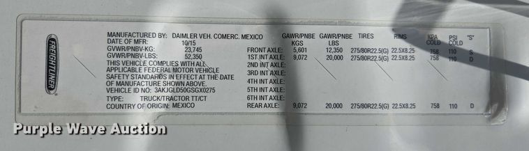 image for item EC1042 2016 Freightliner Cascadia 125 semi truck