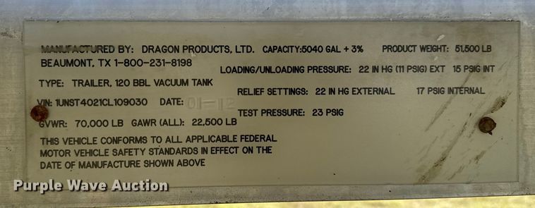 image for item EG6132 2012 Dragon Products vacuum trailer