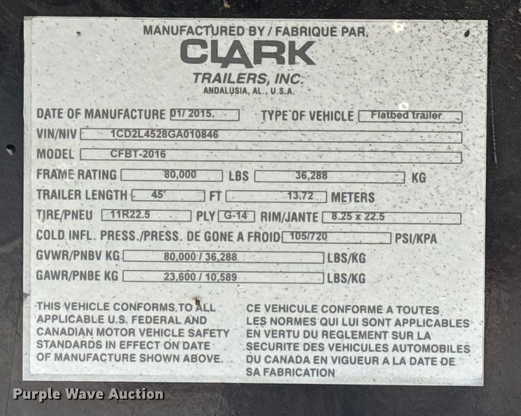 image for item EG6161 2016 Clark Trailers CFBT-2016 flatbed trailer