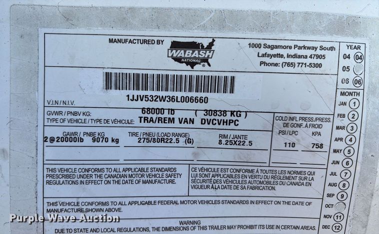 image for item EM0613 2006 Wabash DVCVHPC dry van trailer