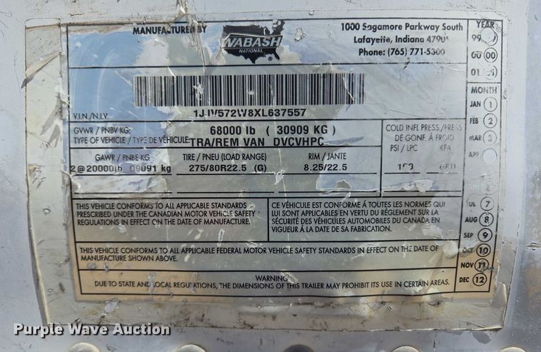 image for item EM0628 1999 Wabash DVCVHPC dry van trailer